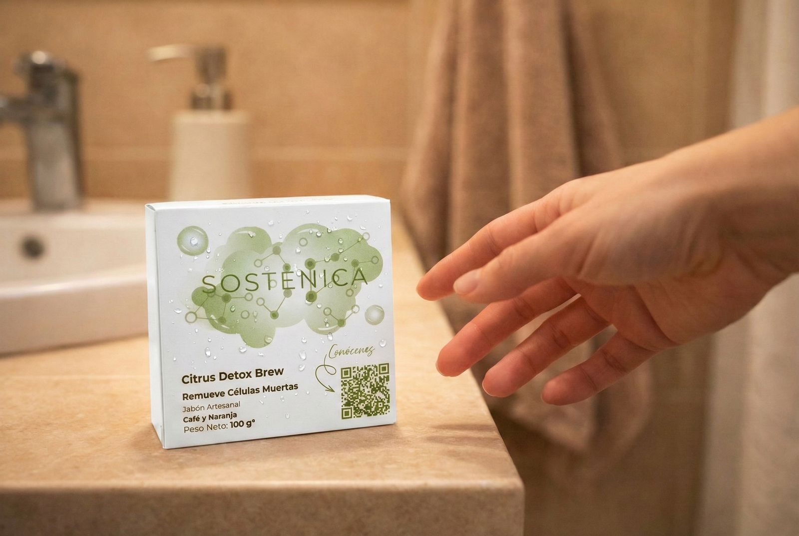 Mano alcanzando un jabón Sostenica Citrus Detox — tu producto fue formulado después de tu pedido