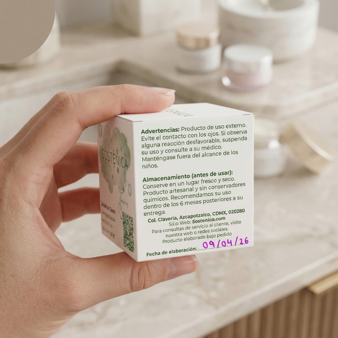 Manos sosteniendo un producto Sostenica con fecha de elaboración visible