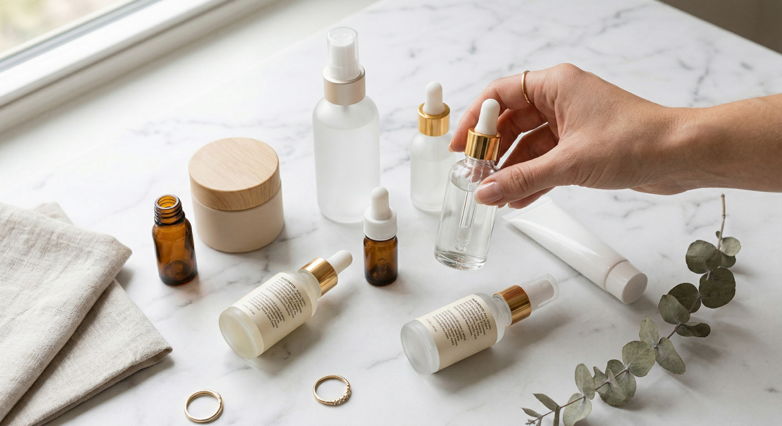 Botellas modernas de skincare reposando en una superficie de mármol blanco