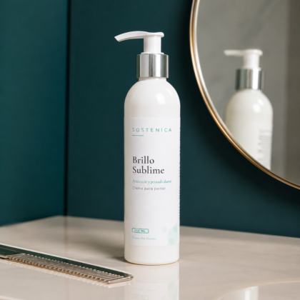 Sostenica Brillo Sublime crema capilar en tocador con espejo y acabado premium