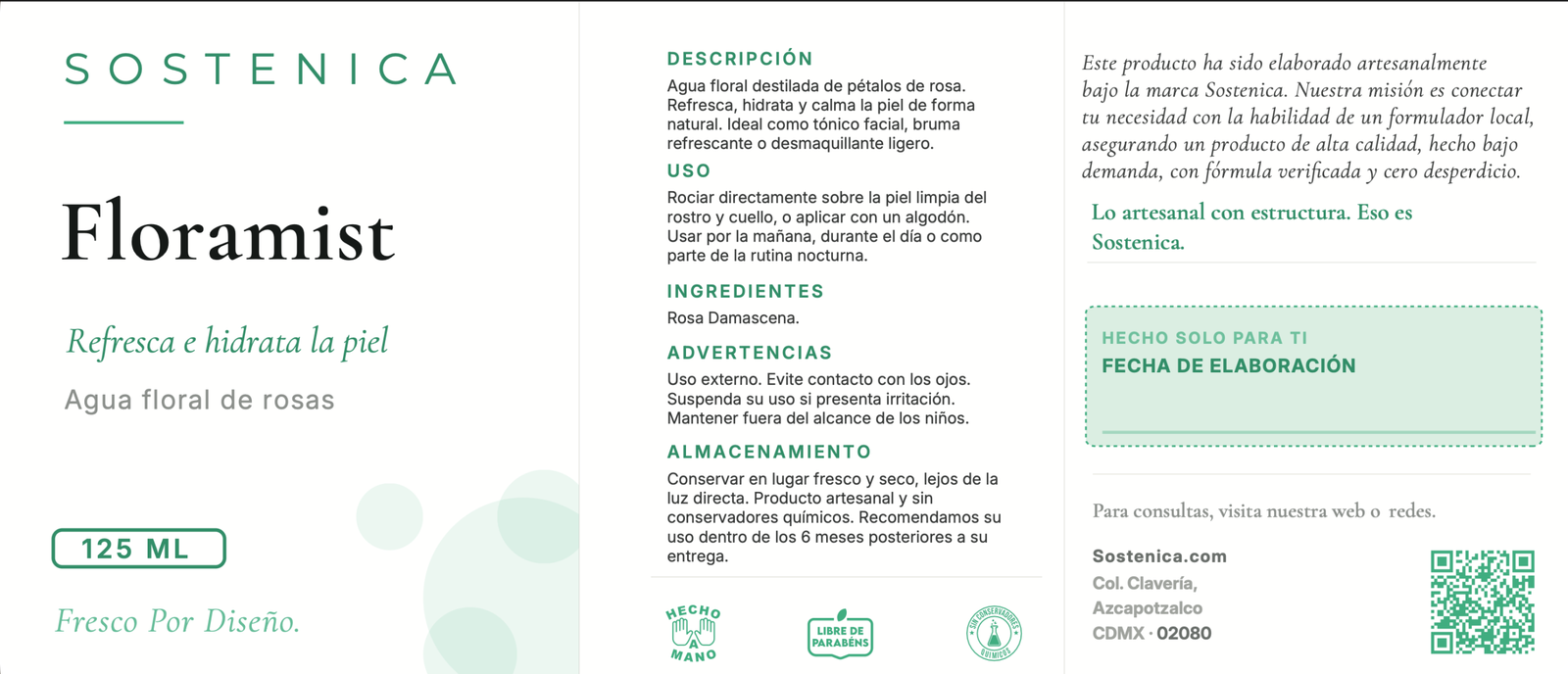 Sostenica Floramist etiqueta con fecha de elaboración y misión de marca — lo artesanal con estructura CDMX