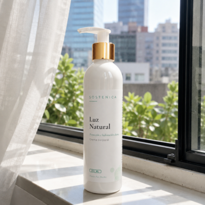 Sostenica Luz Natural crema corporal hidratante en ventana con luz natural CDMX