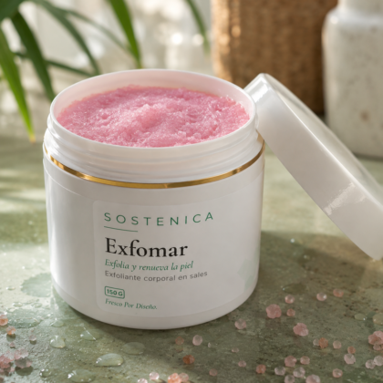 Sostenica ExfoMar exfoliante corporal en sales con textura rosa en ambiente fresco salvia