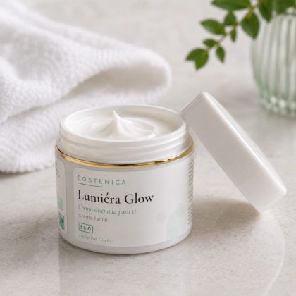 Crema facial Lumiéra Glow de Sostenica abierta, con tapa al lado y luz natural suave.