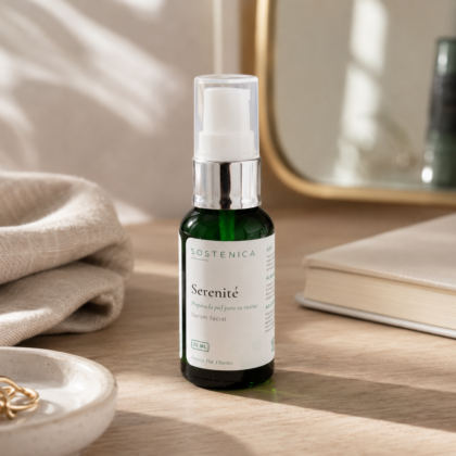 Sostenica Serenité sérum facial en tocador con luz natural para preparar la piel antes de la rutina